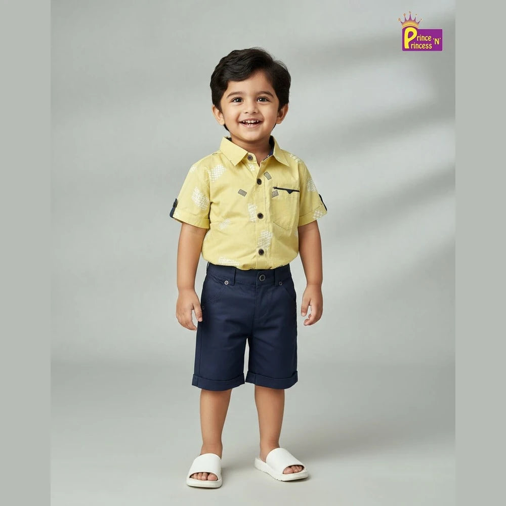 Kids Printed Half Sleeve Shirt in Yellow with Navy ST221